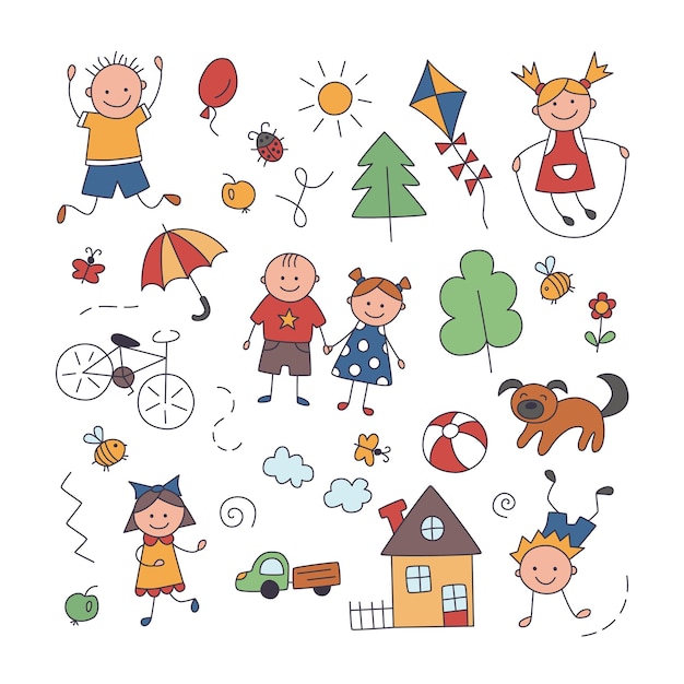 Kids on playground. Children in the village. Set of elements in doodle style. Kid drawing. Vector hand drawn illustration isolated on white background