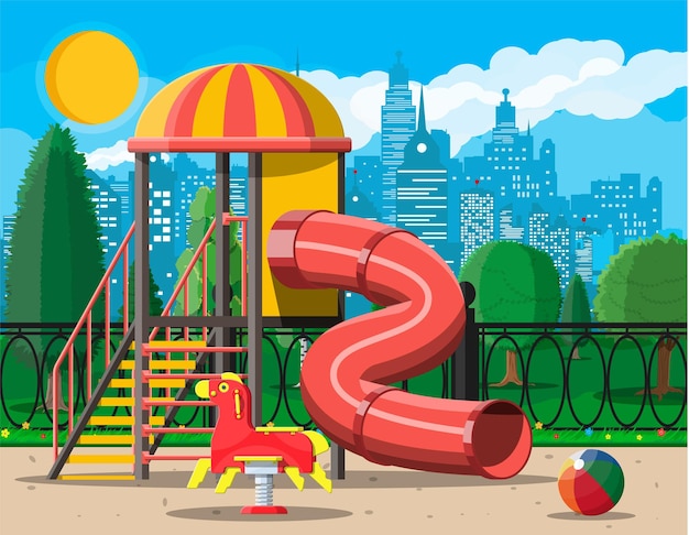 Kids playground kindergarten panorama. Urban child amusement. Slide ladder, rocking toy on spring, slide tube, swing balancer, sandbox. Cityscape. Vector illustration flat style