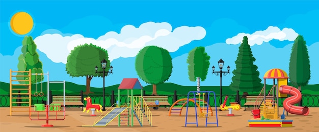 Kids playground kindergarten panorama. Urban child amusement. Slide ladder, rocking toy on spring, slide tube, swing carousel balancer, sandbox bucket rake castle scoop. flat style