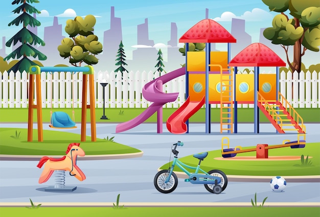 Kids playground public park landscape with slide, swing, bicycle and toys cartoon illustration