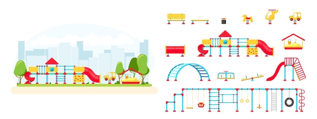 Kids playground. Set of  playing equipment elements. City park concept. Vector illustration