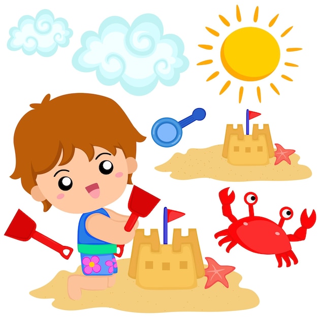 Kids Playing at the Beach Clipart Set