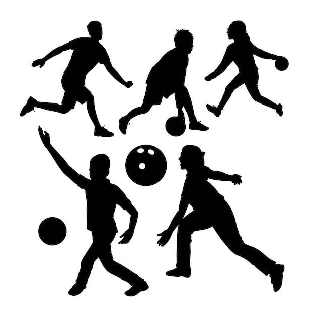 Kids playing bowling sport silhouette