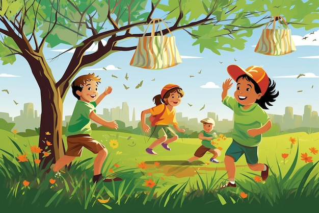 Kids Playing in the Grass Illustration