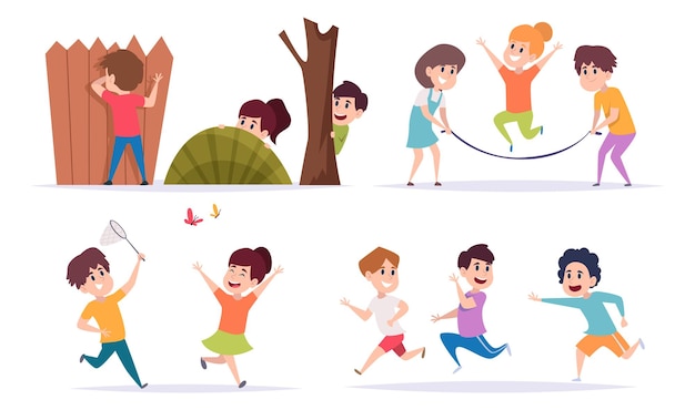 Kids playing Outdoor active games for children kids running jumping playing football boys and girls force pulling rope exact vector cartoon colored templates