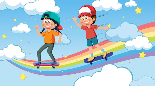 Kids playing skateboard on rainbow sky