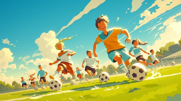 Vector kids playing soccer in a sunny field