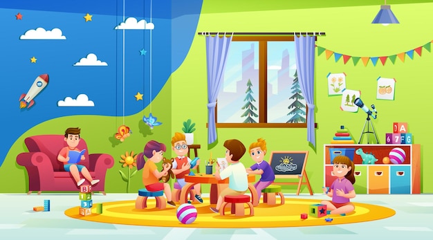 Kids playing together in kindergarten classroom cartoon illustration