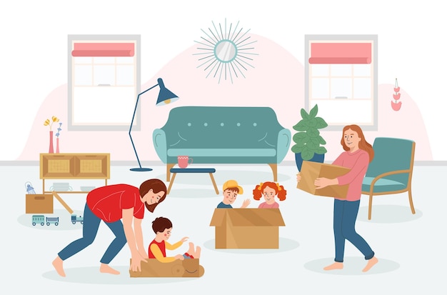 Vector kids playing toys making from cardboard boxes with their parents flat vector illustration