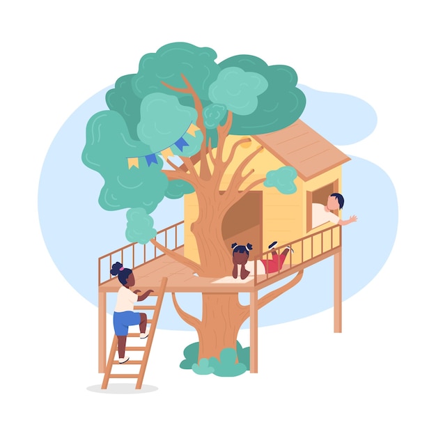 Vector kids playing on treehouse 2d web,