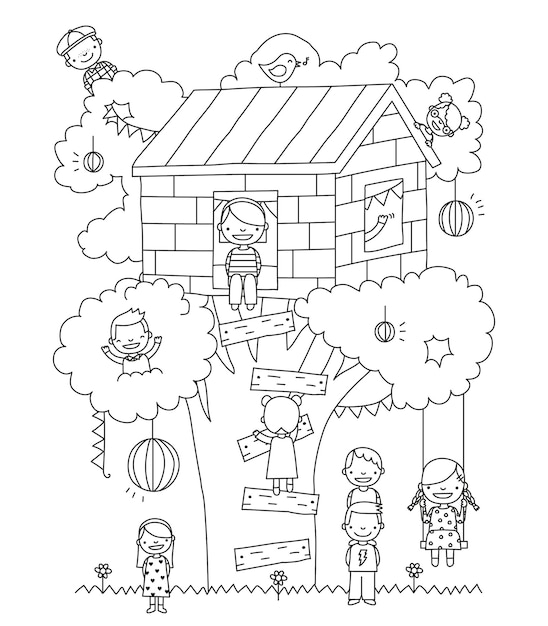 Kids playing in a treehouse vector illustration