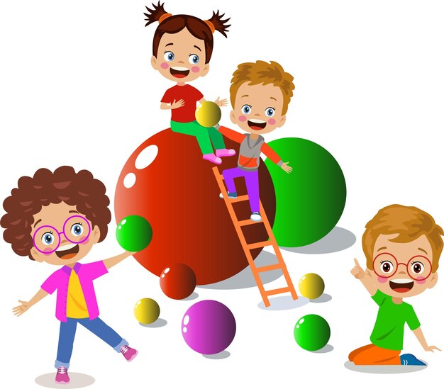 Vector kids playing with colorful balls and geometric shapes