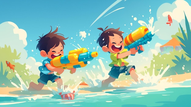 Vector kids playing with water guns in the yard