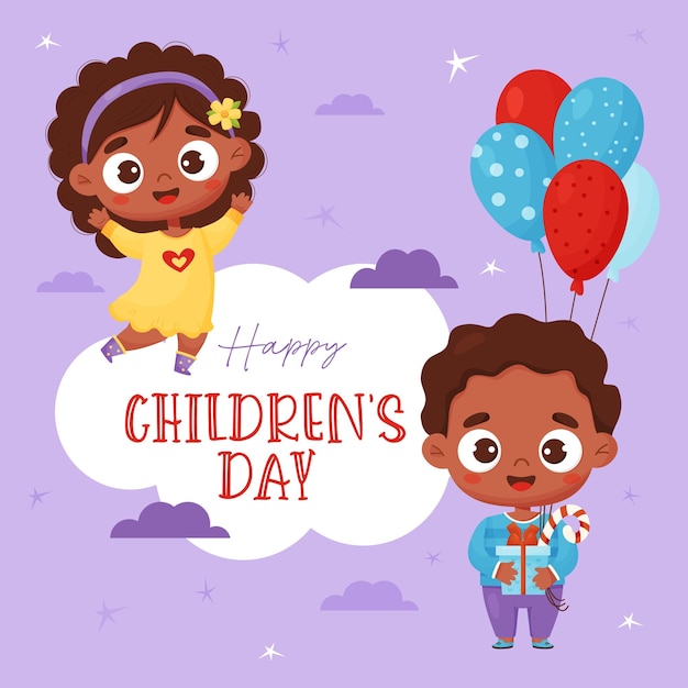 Kids poster happy childrens day Cute cartoon black ethnic girl and boy with gift and balloons