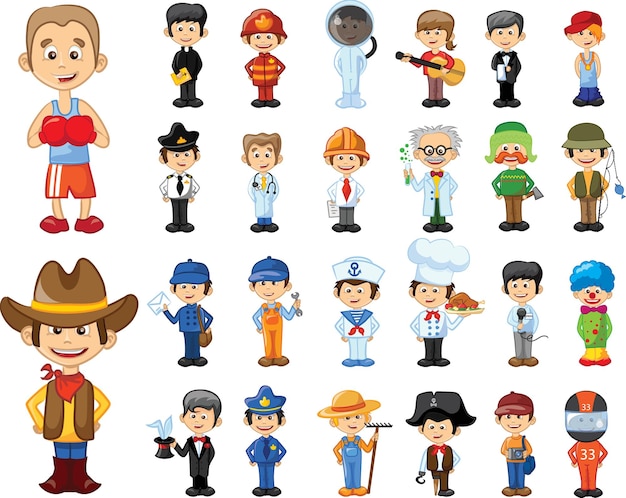 Vector kids in professional uniform children doing different job as builder teacher businessman doctor and firefighter boys and girls choosing career characters employees isolated vector