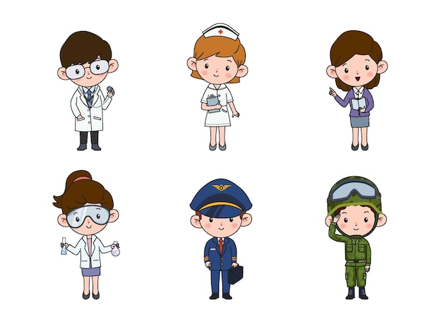 Kids professions Cartoon cute children dressed in different occupation uniform Vector characters with jobs different occupation