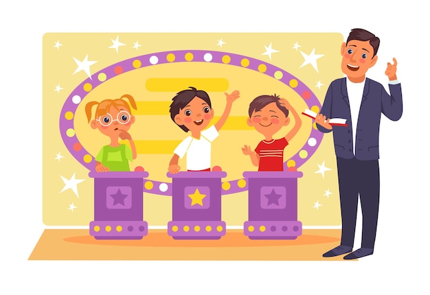 Kids quiz TV show Children erudition competition Smart boys and girls Television program Training game broadcasting Host asks questions Educational contest Splendid vector concept