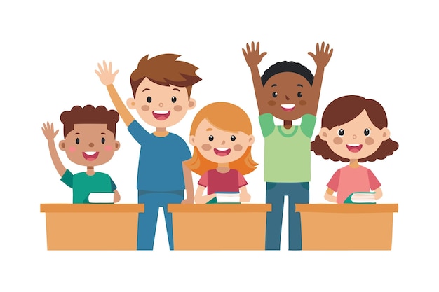 Kids raising hands in classroom with desks and books