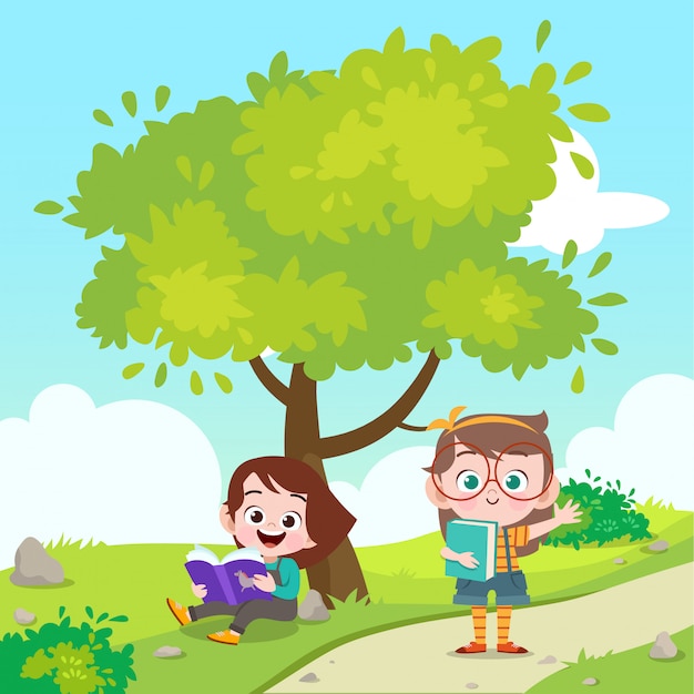 Kids reading a book the park vector illustration