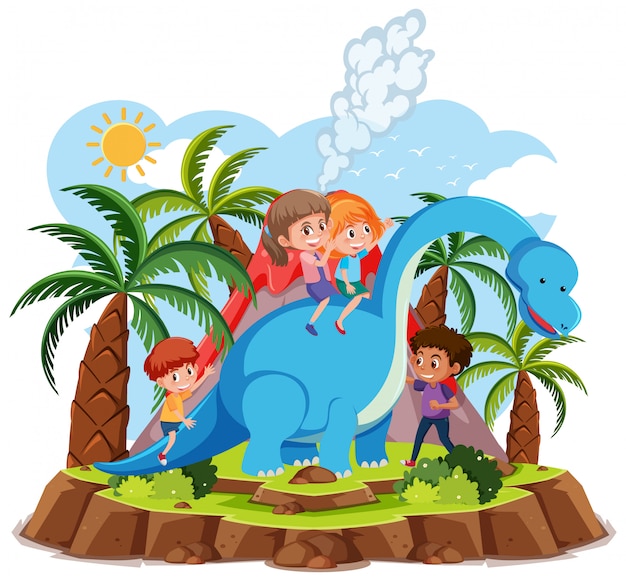 Kids ride cute dinosaur with volcano eruption  on white background