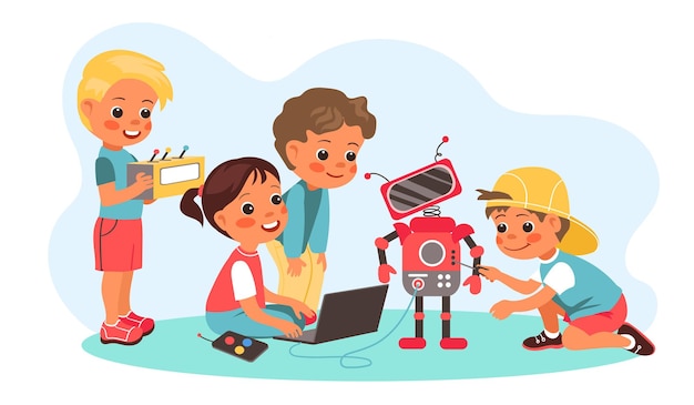 Kids robotics project Little engineers boys and girls programming robot childish amateur radio club young programmers clever babies play with androids vector cartoon flat style isolated concept