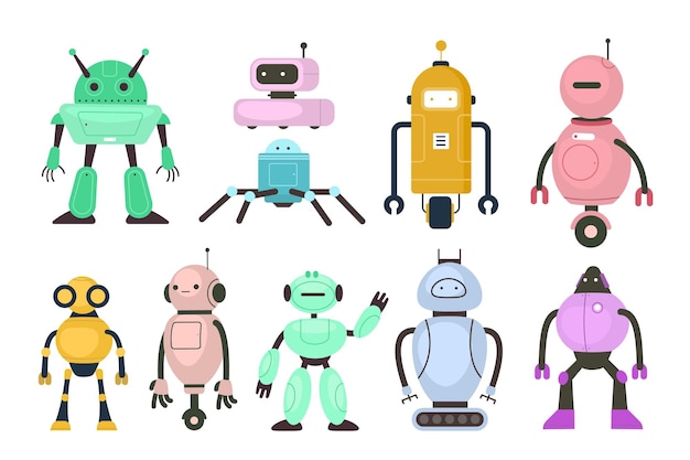 Kids robots Electronic toys different configuration childish technology mechanical cute character fantasy friendly mascot human student inventions Vector cartoon android isolated set