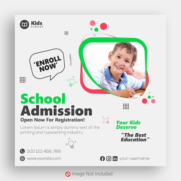 Kids school admission social media post web banner of square size