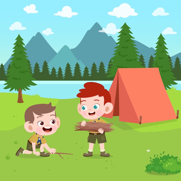 Kids scouts at camp illustration