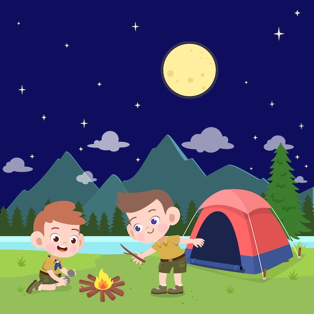 Kids scouts at camp illustration