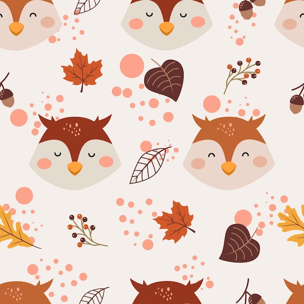 Kids seamless pattern with cute owls and leave in cartoon style. Creative vector childish back