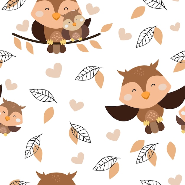 Kids seamless pattern with cute owls and leave in cartoon style. Vector Illustration.