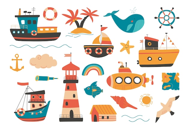 Kids ship sailboat and submarine Isolated scandinavian lighthouse flying seagull and beach house Cartoon flat palm tree anchor and classy pirate map vector of sailboat and submarine illustration