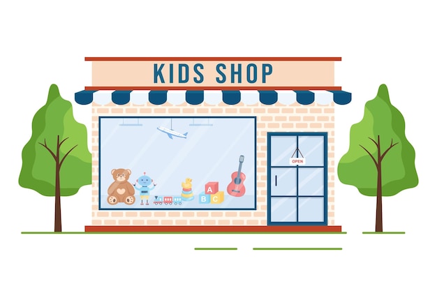 Kids Shop Hand Drawn Illustration with Children Equipment such as Clothes or Toys for Shopping