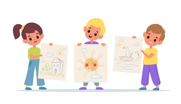 Kids show drawings Children arts presentation colourful doodles on paper sheets girl and boys hold their painting works School and kindergarten exhibition vector isolated concept