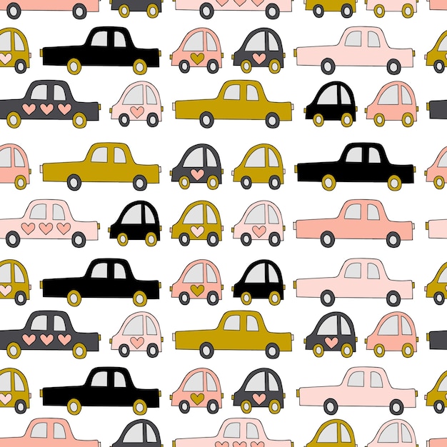 Kids simple cute cars isolated quirky characters vector seamless pattern hand drawn illustration