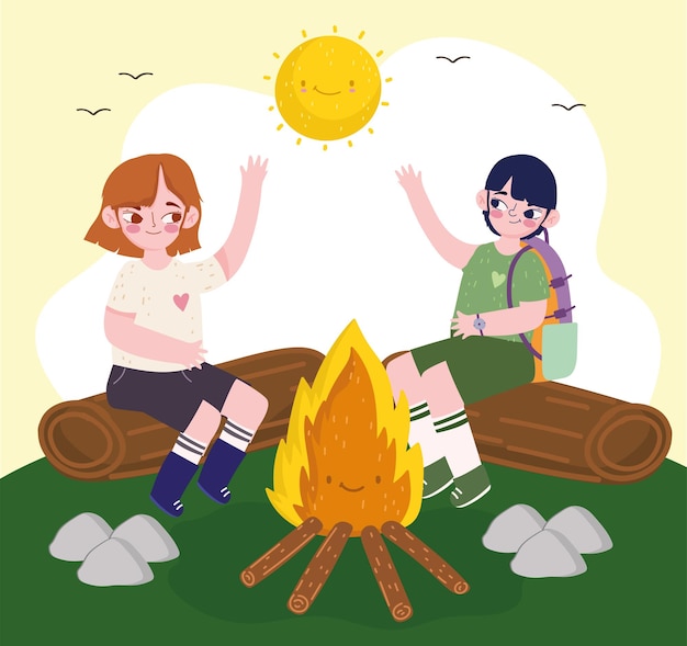 Kids sitting on campfire logs