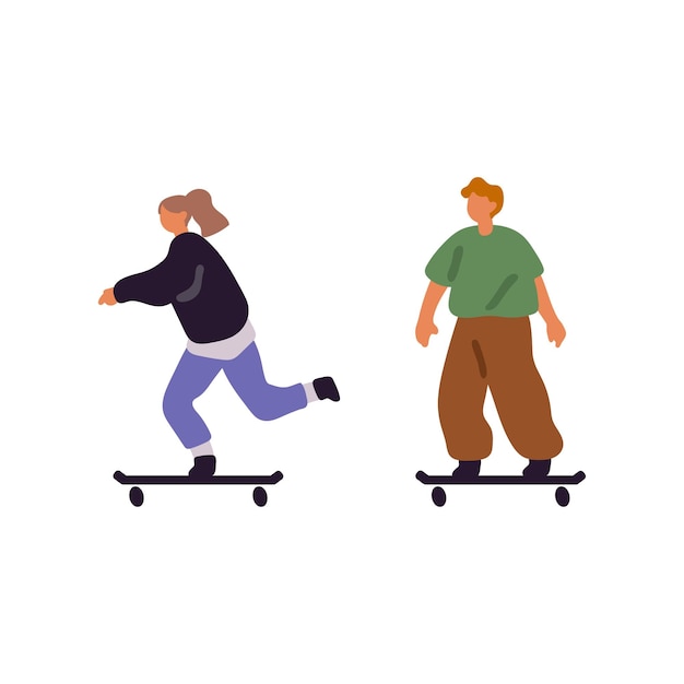 Kids skating on boards outdoors Friends ride on skateboards together on the street Skaters fun on longboard People have fun on the walk Flat isolated vector illustration on white background