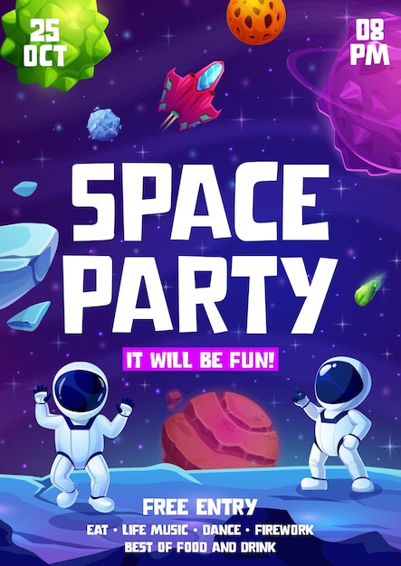 Kids space party flyer cartoon astronauts planet