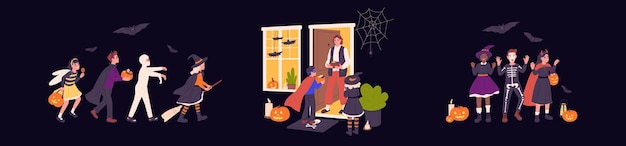 Kids in spooky Halloween costumes Scenes with cute happy children in creepy carnival clothes with witch hat broom and pumpkin at autumn October holiday night Colored flat vector illustrations