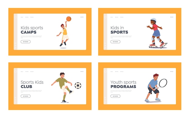 Kids Sports Activities Landing Page Template Set Children Girls and Boys Characters Basketball Ballet Tennis and Soccer with Roller Skating and Volleyball Games Cartoon People Vector Illustration