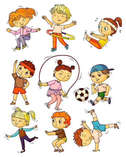 Kids sports. Children working out, doing sports activity set. Happy kids people training, exercising, doing gymnastics, squats, skipping, playing soccer, dancing childhood lifestyle collection