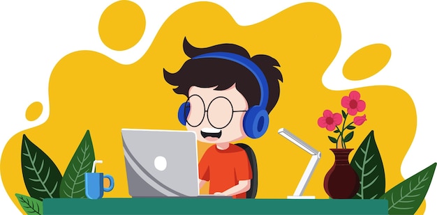 Kids study online flat illustration