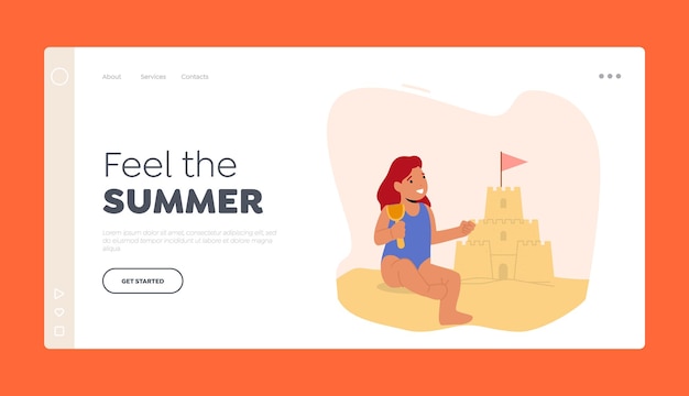 Kids Summer Activities Landing Page Template Happy Baby Girl Character Playing on Beach Building Sand Castle