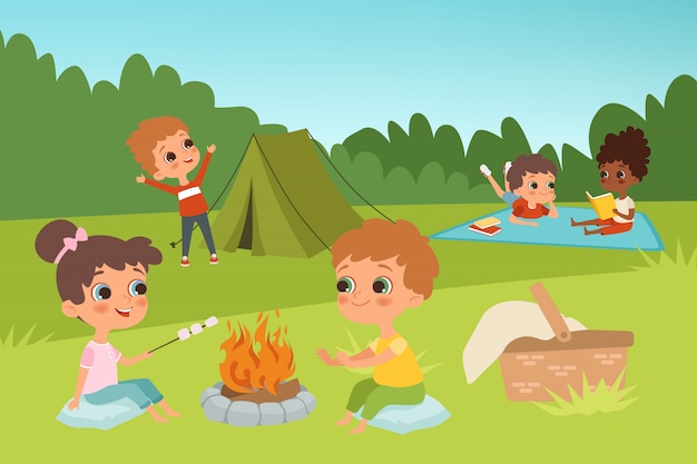 Kids summer camp background with children characters and camping elements