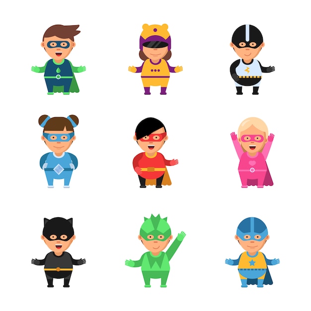 Kids superheroes. Cartoon 2d game characters of heroes in mask cute male and female sup brave comic mascots