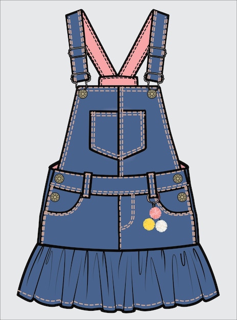 KIDS AND TEEN GIRLS WEAR PINFORE DRESS JUMPSUIT DUNGAREE VECTOR ILLUSTRATION