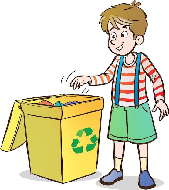 kids throwing garbage in the recycling bin.children polluting the environment cartoon vector