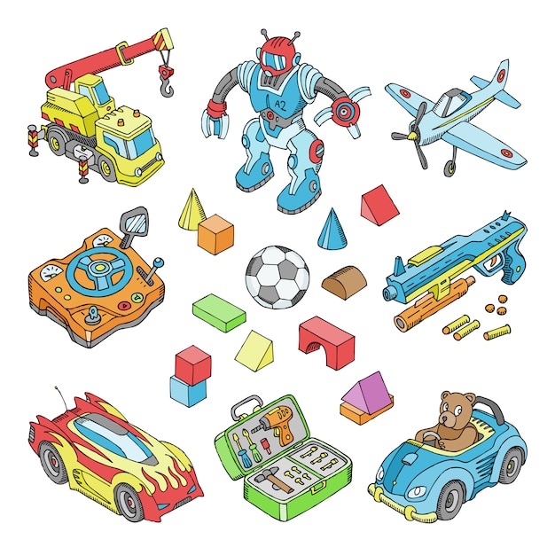 Vector kids toys  cartoon boyish games in playroom and playing with car or children blocks illustration isometric set of teddy bear and plane or robot for boys  on white background