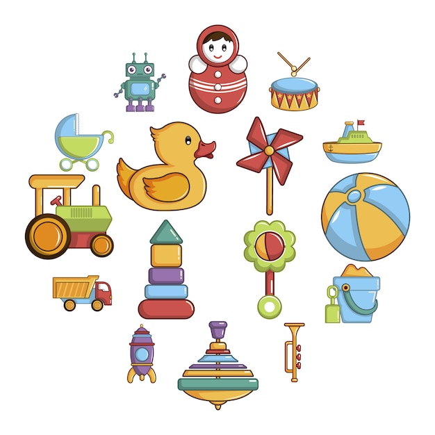 Kids toys icon set, cartoon style