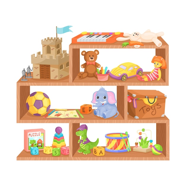 Kids toys shelves Wooden toy shelf store kid shop plastic doll plush bear child ball dinosaur stuff animals set exact vector cartoon isolated object